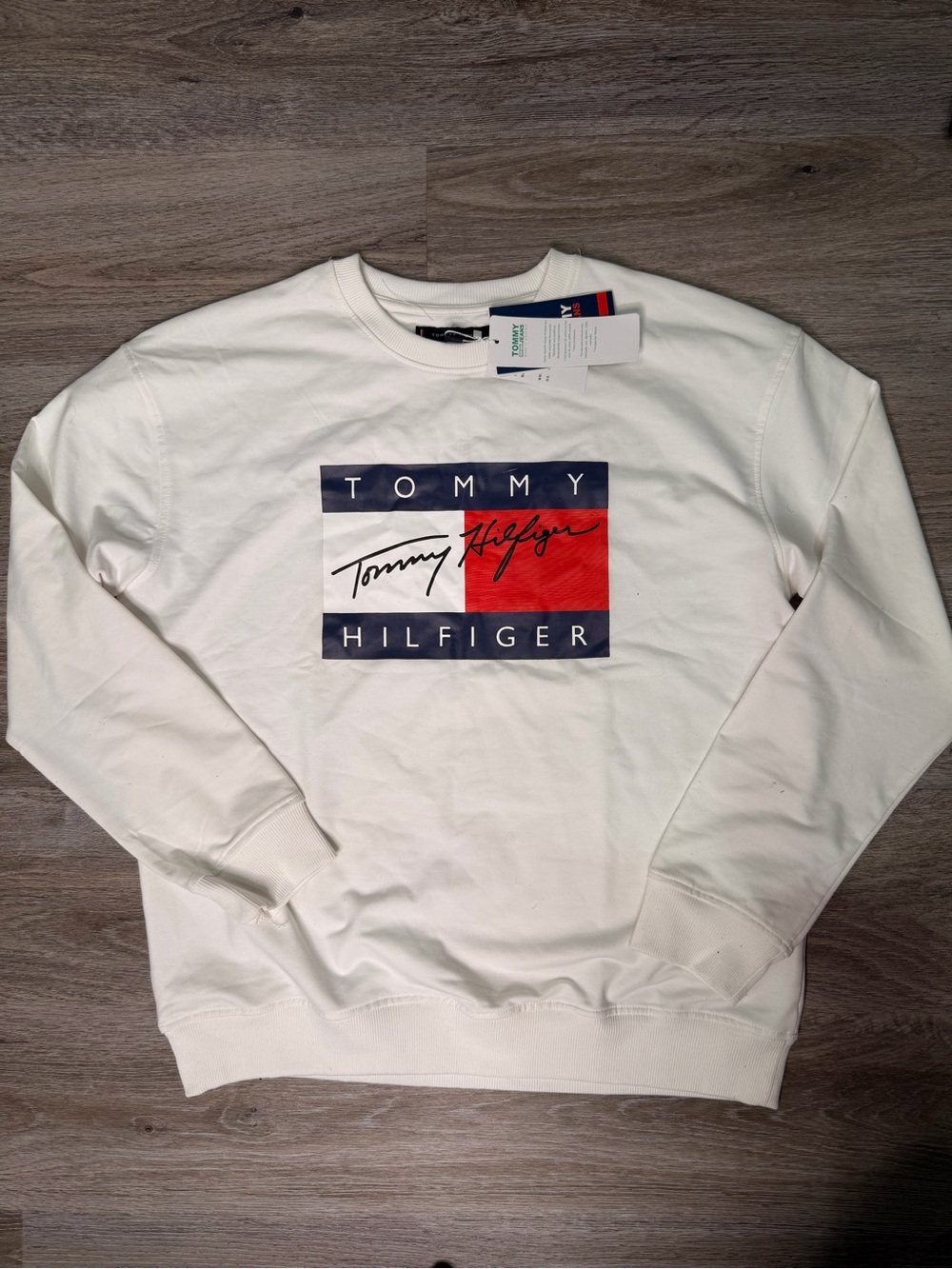 Tommy Hilfiger Cream Crewneck with Red & Navy Logo Patch